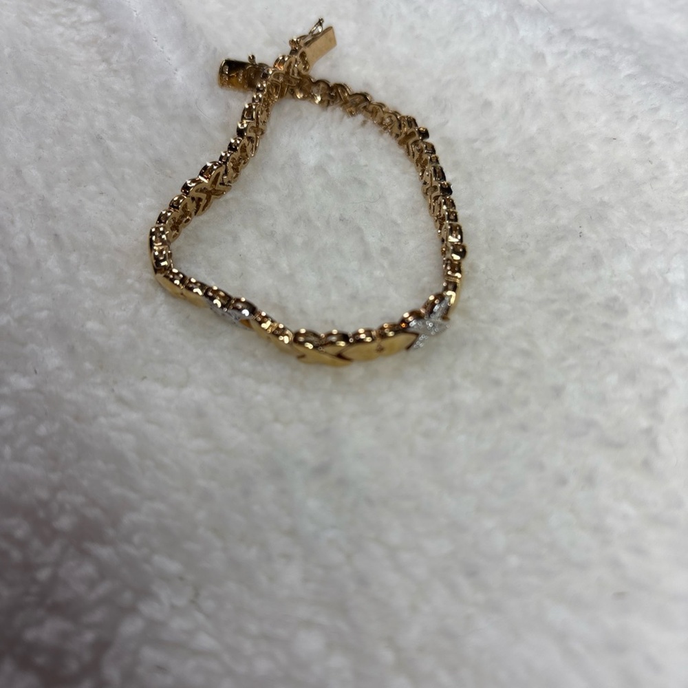 GOLD PLATED STERLING SILVER GENUINE DIAMOND CROSS TENNIS BRACELET 7”